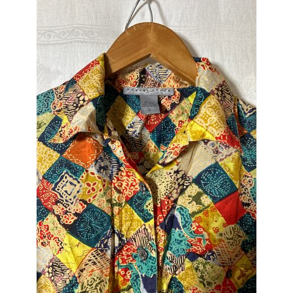 Robert Stock 100% Silk Button Up Small Colorful Geometric Floral Patchwork 90s - Picture 7 of 12